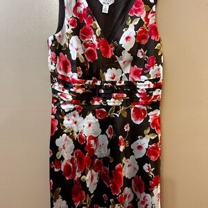 Talbots Black Floral V-Neck Sheath Dress with Red & White Blooms